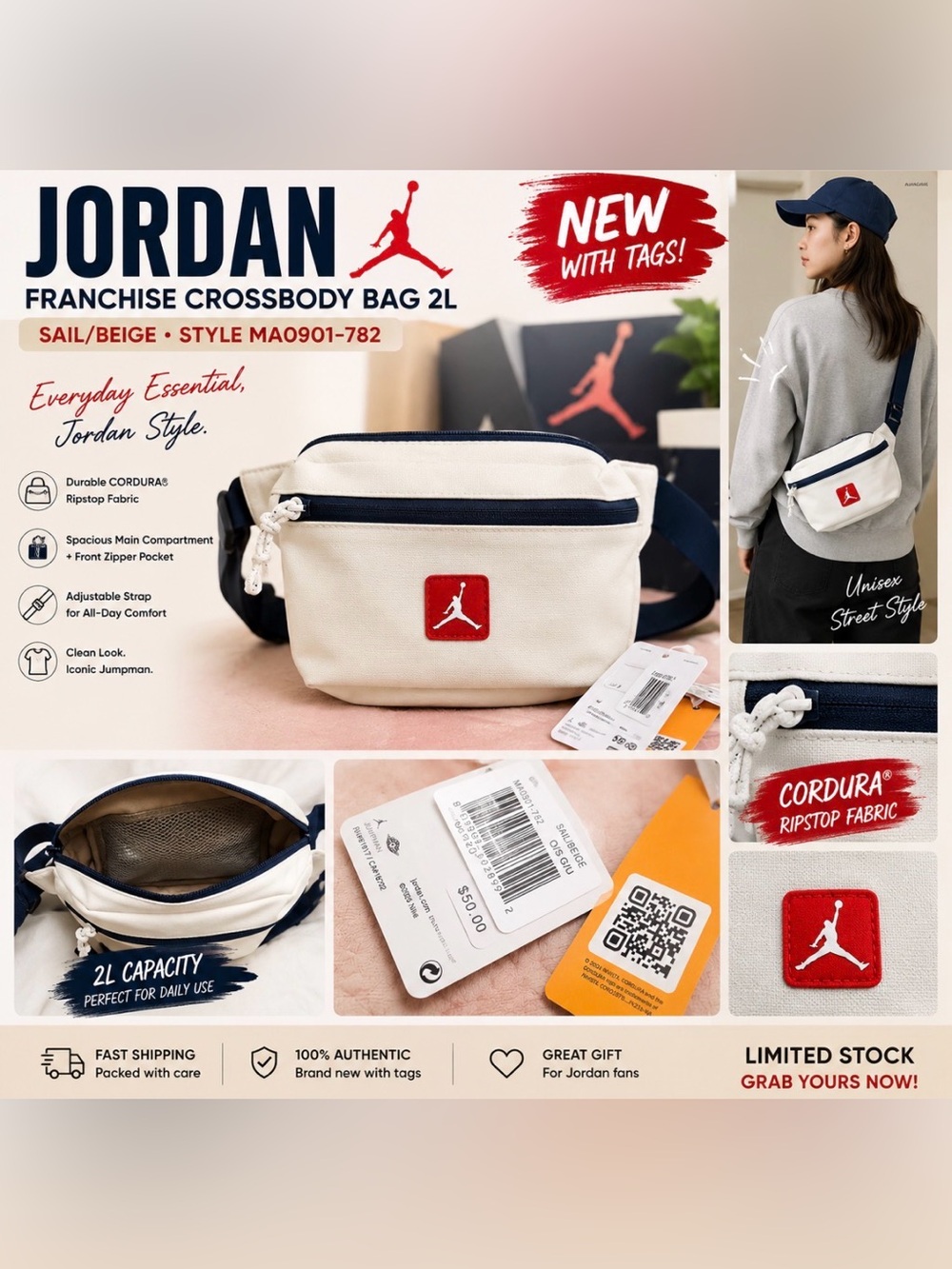 Jordan Franchise Crossbody Bag 2L Sail Beige CORDURA® Unisex NWT